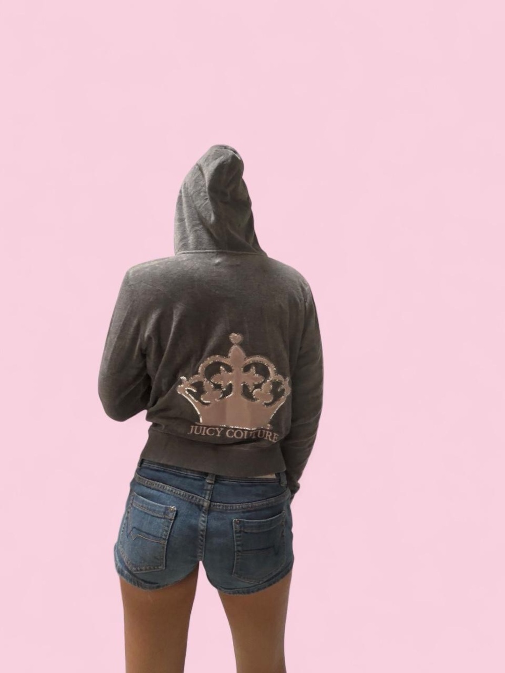 Juicy Couture Gray Velour Hoodie with Sequin Crown Back Logo